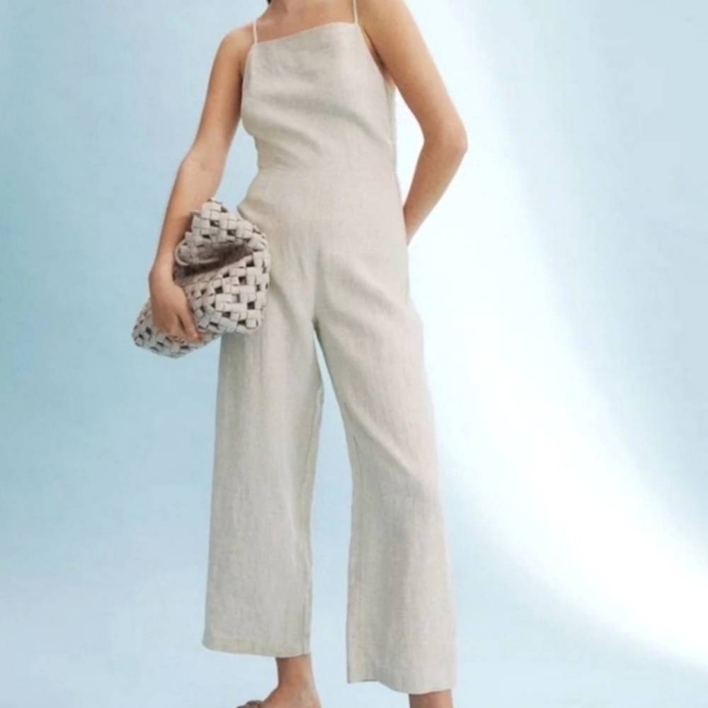 GUC H&M Women's Beige Linen Spaghetti Strap Jumpsuit SZ M
